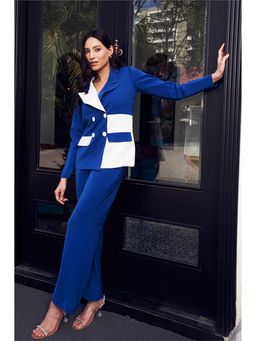 Label Swish - Royal Blue and White Colour Block Blazer with Pants