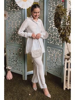 Label Swish - Sania Chadha In Grey Embellished Oversized Shirt with Pants