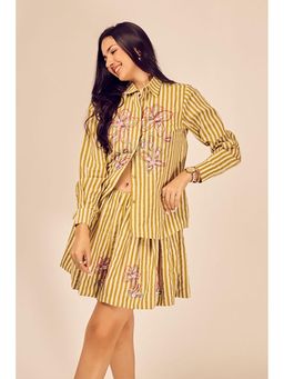Label Swish - Pistachio Striped Olive Cotton Shirt with Skirt