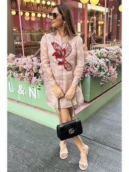 Label Swish - Disha Parmar In Peach Organza Red Bird Shirt Dress