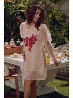 Label Swish - Pink Organza Red Flower Shirt Dress