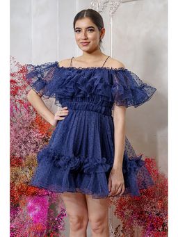 Label Swish - Navy Blue Organza Off - Shoulder Ruffle Dress