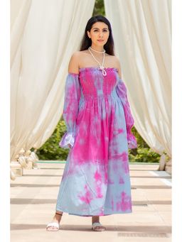 Label Swish - Blue Smocked Off shoulder Cotton Dress