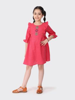 Fabindia - Pink Cotton Flared Dobby Dress