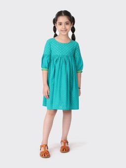 Fabindia - Teal Cotton Hand Block Printed Flared Dress