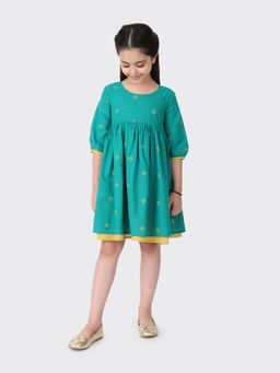 Fabindia - Teal Cotton Dobby Flared Dress