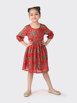 Fabindia - Red Modal Hand Block Printed Flared Dress