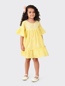 Fabindia - Yellow Cotton Embroidered Flared Dress
