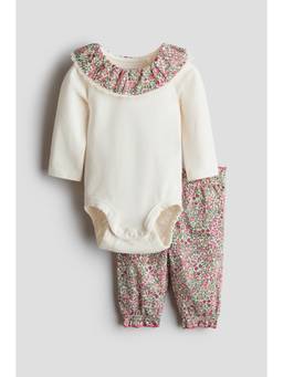 H&M - Girls White 2-Piece Cotton Bodysuit And Trousers Set