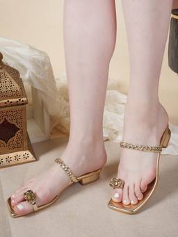 Twenty Dresses by Nykaa Fashion - Gold Embellished Block Heel Sandals for Women