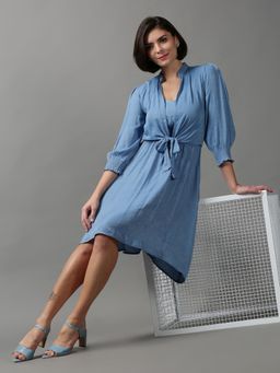 SHOWOFFFF - Womens V-neck Solid Blue Knee Length Dress