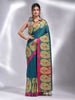CHARUKRITI - Teal Pure Cotton Handwoven Kolka Border Saree with Unstitched Blouse