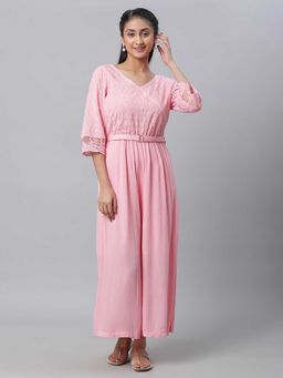 Aurelia - Pink Lace Detailed Jumpsuit In Rayon Crepe