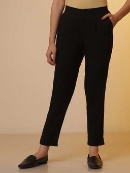 Aurelia - Black Solid Ankle Length Cotton Flax Pant