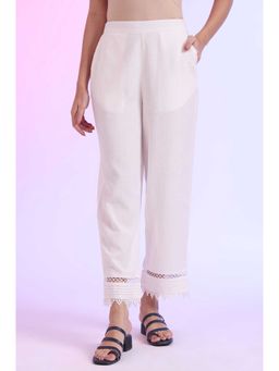 Aurelia - Womens White Solid Cotton Flax Straight Pant
