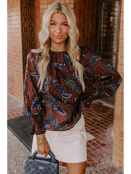 Errabelly - Brown Autumn Floral Print Smocked Cuffs Shift Top