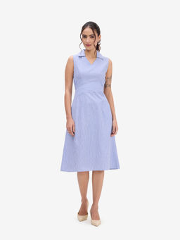 Strong And Brave - Formal White & Blue Striped Midi Dress