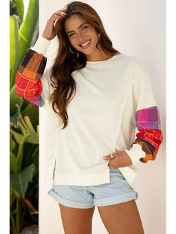 Errabelly - Beige Contrast Plaid Long Sleeve Exposed Seam Patchwork Top
