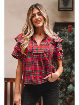 Errabelly - Red Festive Plaid Pearl Embellished Top
