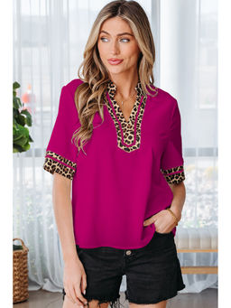 Errabelly - Magenta Leopard Patchwork Trim Split Neck Short Sleeve Top