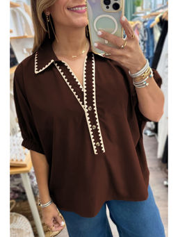 Errabelly - Coffee Shirt Collar Contrast Trim Top