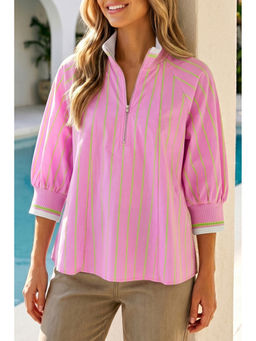 Errabelly - Pink Stripe Striped V-Neck Half Sleeve Zipper Ribbed Tops