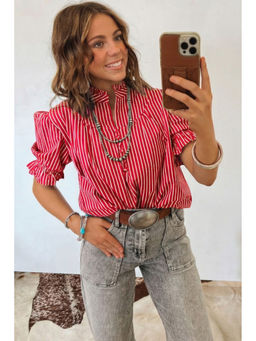 Errabelly - Red Stripe Ruffled Short Puff Sleeve Button Front Top