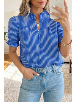 Errabelly - Blue Stripe Ruffled Short Puff Sleeve Button Front Top