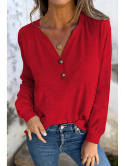 Errabelly - Racing Red Solid Colour Button V Neck Long Sleeve Top