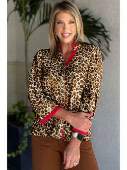 Errabelly - Brown Fierce Leopard Allure Contrast Ruffle Trim V Neck Shirt