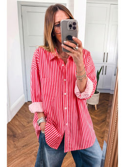 Errabelly - Red Stripe Button-Up Shirt Long Sleeve Patch Pocket Casual Shirt