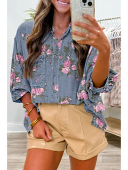 Errabelly - Blue Bracelet Sleeve Floral Denim Shirt