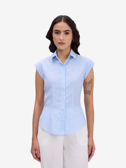 Strong And Brave - Blue Striped Cotton Cap Sleeve Shirt