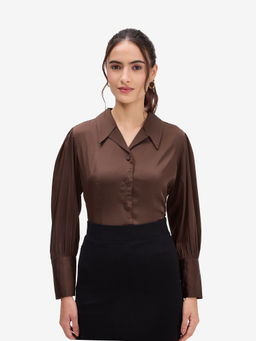 Strong And Brave - Brown Satin Collar Neck Top Shirt