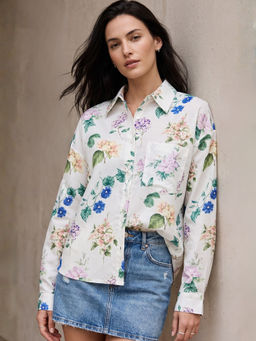 Outzidr - Off White Floral Print Oversized Shirt