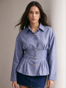 Outzidr - Blue Full Sleeves Front Pleated Shirt