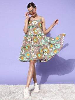 Style Quotient - Women Beige Blue Floral Print Chiffon A-line Dress