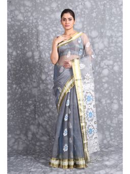 CHARUKRITI - Grey Blue Woven Design Pure Silk Saree with Unstiched Blouse