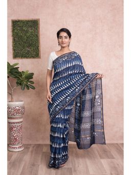 KISHORI - Dabu Print Hand Block Printed Chanderi Silk Saree with Unstitched Blouse - Indigo & Blue