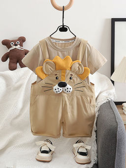 Little Surprise Box - Beige Baby Lion Print Dungaree with T-Shirt (Set of 2)