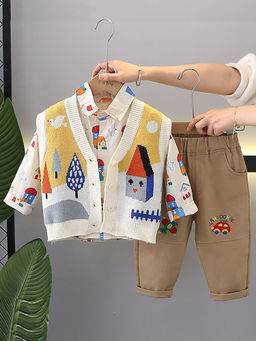 Little Surprise Box - White Village Theme Cardigan with Shirt and Pant (Set of 3)
