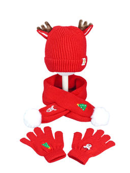 Little Surprise Box - Red Christmas Themed Winter Cap with Mufflers and Gloves (7-8 Years) (Set of 3)