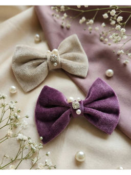 FUNKRAFTS - Beige & Purple Velvet Bow Hair Clips (Pack of 2) (3-12 Years)