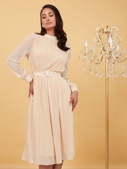 Styli - Beige Long Sleeves High Neck Pleated A-line Midi Dress With Belt (Set of 2)