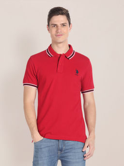 U.S. POLO ASSN. - Striped Collar Solid Polo T-Shirt
