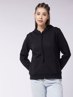 Miss Chase - Women's Black Round Neck Full Sleeve Solid Hooded Regular Sweatshirt