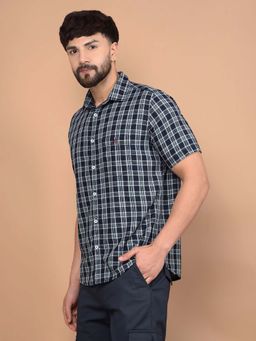 CRIMSOUNE CLUB - Men's Navy Blue Checked 100% Cotton Shirt