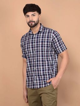 CRIMSOUNE CLUB - Men's Blue Checked 100% Cotton Shirt