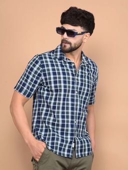 CRIMSOUNE CLUB - Men's Blue Checked 100% Cotton Shirt