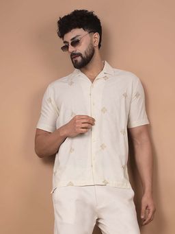 CRIMSOUNE CLUB - Men's Beige Embroidered Linen Cuban Collar Shirt